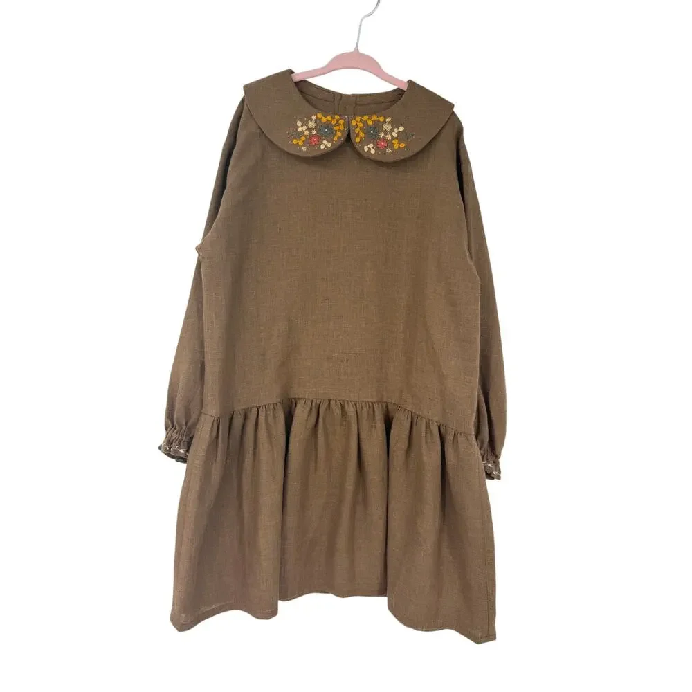 Hand Made 100% Linen Girls 7/8yo Boho Dress Embroidered Long Sleeve Cottagecore